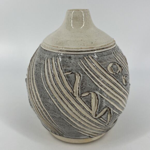 Vintage Stoneware Ceramic Studio Art Pottery Glazed Carved Bud Vase Signed - Picture 5 of 14